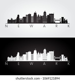 Newark USA skyline and landmarks silhouette, black and white design, vector illustration.