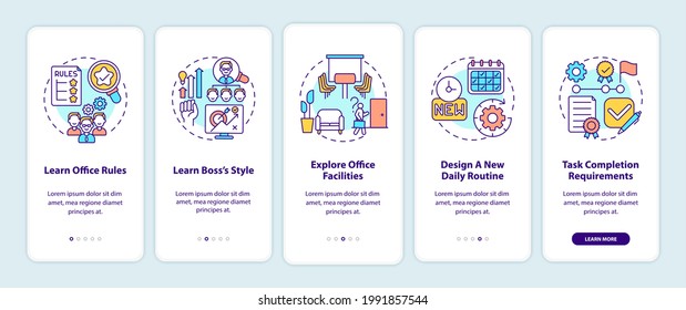 Newbie adaptation tips onboarding mobile app page screen with concepts. Entering workplace. Responsibilities walkthrough 5 steps graphic instructions. UI vector template with RGB color illustrations