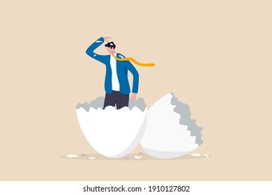 Newbie Or Beginner Just Start New Business, Entrepreneur Or Start Up, Begin New Job Position Or Out Of Comfort Or Safe Zone Concept, Ambitious Businessman Worker Just Hatched From Cracked Egg.