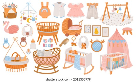 Newborn accessories. Nursery room interior elements, furniture and decor. Cradles, toys and baby dress and clothes in boho style vector set. Illustration newborn furniture, cartoon bedroom interior