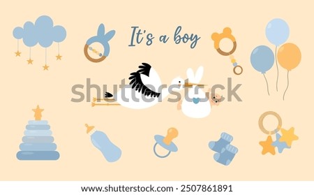 Newborn accessories set. It's a boy. White stork carrying a cute baby. Booties, toys, milk bottles and rattles, pacifier. Maternity and childhood things. Vector illustration in flat style.