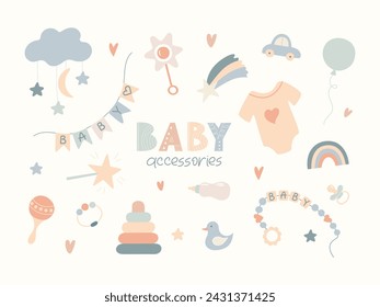 Newborn Accessory Collection. Baby Lovely Cartoon elements isolated on white. Flat vector kids Nursery toys. Child items set in pastel colors for design. Cute rainbow, garland, rattle