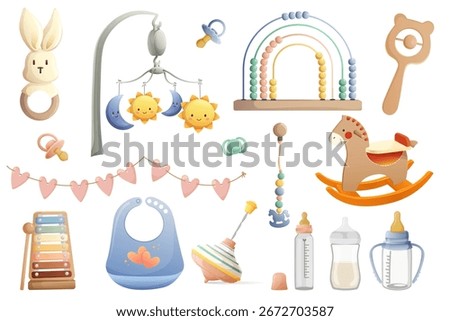 Newborn Accessory Collection. Child items set with baby toys 