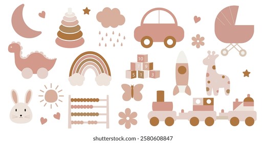 Newborn Accessory Collection. kids Nursery toys. Child items set in pastel colors for design.