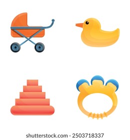 Newborn accessory icons set cartoon vector. Baby carriage and toy. Childhood concept
