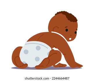 Newborn African Baby Wear Diaper Sitting on Floor Rear View Isolated on White Background. Cute Innocent Black Infant Child Character, Healthy Adorable Boy or Girl. Cartoon People Vector Illustration
