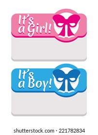 Newborn Announcement Template. Cute it's a girl and it's a boy cards featuring stylized ribbons. They can be used as baby shower invitations, greeting cards or present tags too. Vector EPS.