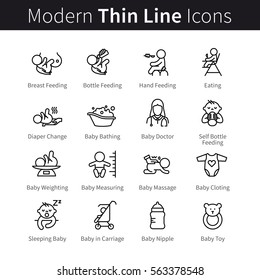 Newborn babies care and feeding, breast of bottle. Child nursing on early development stages. Thin line art icons set. Linear style illustrations isolated on white.