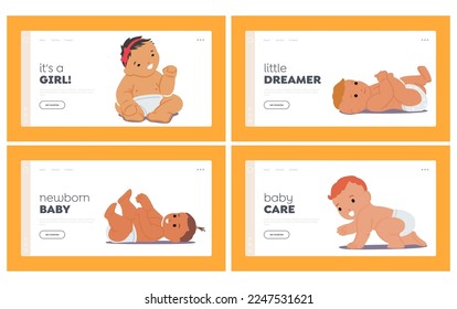 Newborn Babies of Different Nations Landing Page Template Set. Cute Innocent Infants, Asian, African, Latin or Caucasian Nations. Healthy Children Characters. Cartoon People Vector Illustration