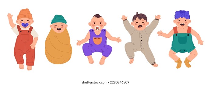 Newborn babies. Little boys and girls smiling and crying, funny toddlers, babies wearing cute baby clothes flat cartoon vector set