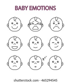 Newborn babies, monochrome set of kids emotions, children's faces, flat vector illustration