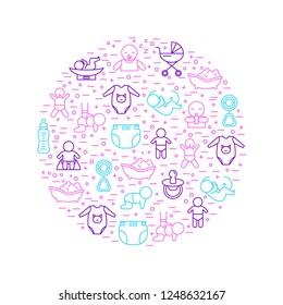 Newborn Babies Signs Thin Line Round Design Template Include of Bottle, Toy, Rattle, Cloth and Nipple. Vector illustration of Icons
