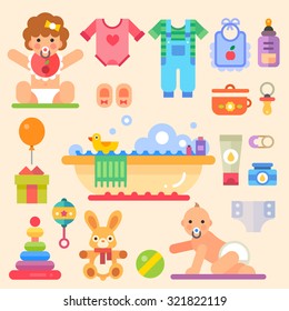 Newborn babies with toys and stuff: romper suit, cute toy, pacifier, dummy, baby's booties, rattle, . Set of flat vector isolated colorful illustrations. 