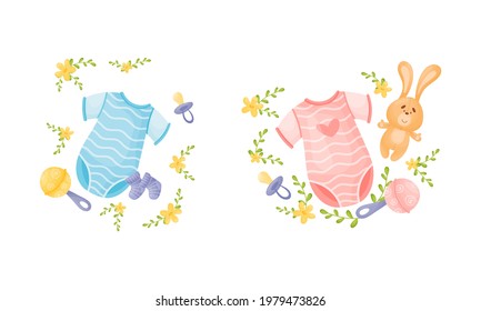 Newborn and Baby Accessories Arranged in Sweet Composition with Floral Elements Vector Set