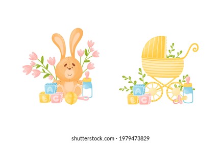 Newborn and Baby Accessories Arranged in Sweet Composition with Floral Elements Vector Set