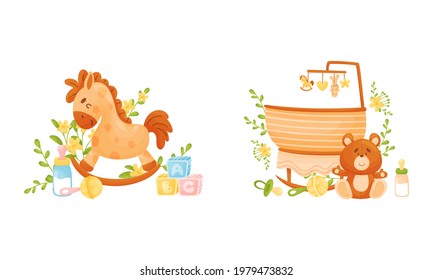 Newborn and Baby Accessories Arranged in Sweet Composition with Floral Elements Vector Set