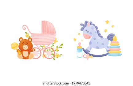 Newborn and Baby Accessories Arranged in Sweet Composition with Floral Elements Vector Set