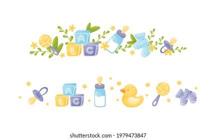 Newborn and Baby Accessories Arranged in Sweet Composition with Floral Elements Vector Set