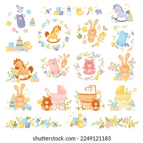 Newborn and Baby Accessories Arranged in Sweet Composition with Floral Elements Big Vector Set