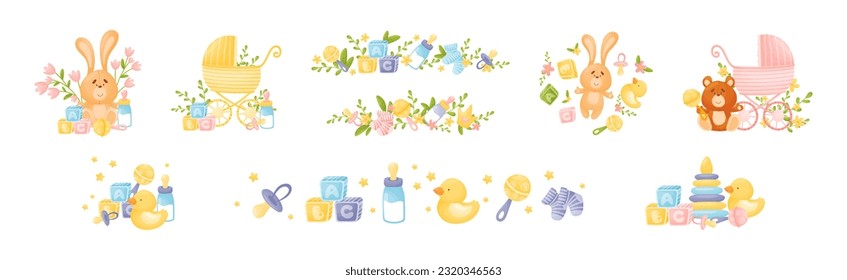 Newborn and Baby Accessories Arranged in Sweet Composition with Floral Elements Vector Set