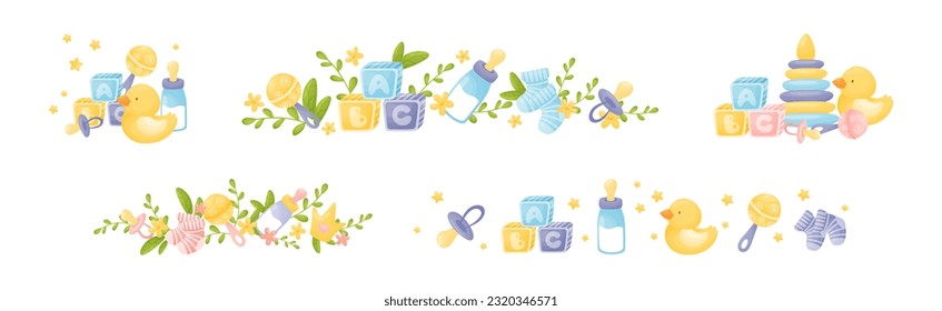 Newborn and Baby Accessories Arranged in Sweet Composition with Floral Elements Vector Set