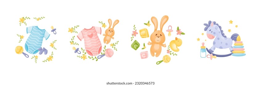 Newborn and Baby Accessories Arranged in Sweet Composition with Floral Elements Vector Set