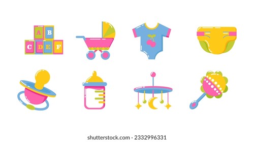 Newborn baby accessories and gear icons. Strollers, toys, clothes, pacifiers, feeding bottles and pampers. Suitable for websites and patterns