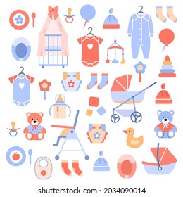 Newborn Baby Accessories Icons Set On White Background. Stylish Kids Objects For Baby Shower Card Banner Flyer Design. Cute Infant Supplies. Color Crib Diaper Clothes Duck Stroller Vector Illustration