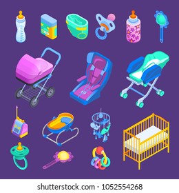 Newborn Baby Accessories Isometric Set With Rocker Crib Bottle Dummy Pram Stroller Car Seat Isolated Vector Illustration 