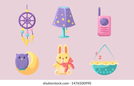 Newborn Baby Accessories Set, Baby Shower Elements, Dream Catcher, Bunny, Baby Monitor, Lamp, Cradle Vector Illustration