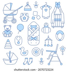 Newborn baby accessories thin line icons set on white background. Stylish kids outline objects. Baby shower banner design. Cute infant supplies. Crib diaper clothes toys stroller vector illustration.
