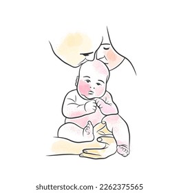 Newborn baby in the arms of young parents, love parents, banner decoration, vector watercolor illustration in doodle style
