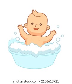 Newborn baby bathes in a bath. Vector illustration