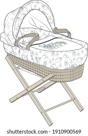 Newborn Baby Bed Design. Baby Crib vector sketch template.
