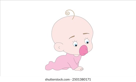 Newborn baby with blue eyes crawls with pink pacifier, blond child in pink rompers on white background crawls for the first time, little kid learning to crawl