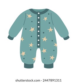 Newborn baby bodysuit in green color with stars print. Cute kids pajama in flat style. Baby clothing theme. Vector illustration on white background. 