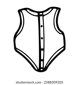 Newborn baby bodysuit. Hand drawn doodle. Cotton clothes. Sleeveless fabric item. Little child's wardrobe. Childhood. Vector line art illustration.