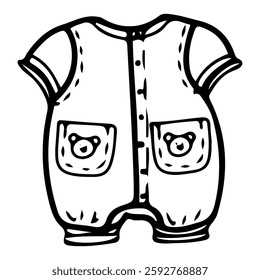 Newborn baby bodysuit. Hand drawn doodle. Cotton clothes. Short sleeve fabric item with a pocket with a teddy bear applique. Little child's wardrobe. Childhood. Vector line art illustration.