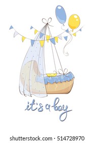 Newborn Baby Boy In Cradle / Vector Illustration, Card With Balloons And Flags 