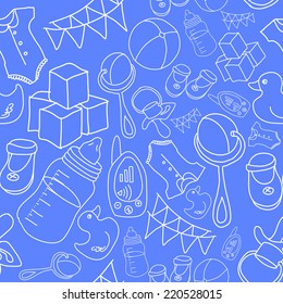 Newborn baby boy doodle pattern. Seamless vector texture