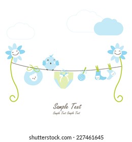 Newborn baby boy, flowers and hanging baby symbols vector 