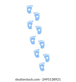 Newborn baby boy footprints mark with heart shape. Blue child footstep walking trail silhouette. Flat decorative vector design isolated illustration. 