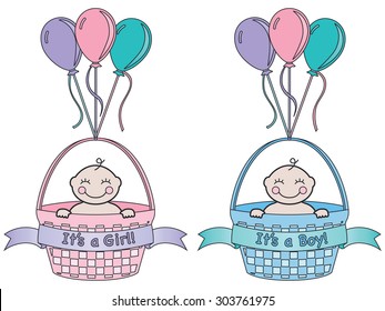 It's a newborn baby boy and it's a newborn baby girl. Each in a basket with banner and balloons. Cartoon style.