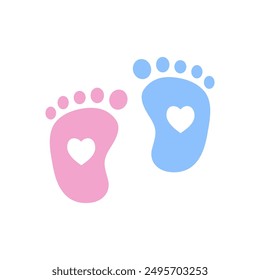 Newborn baby boy and girl footprint with heart shape. Childhood, birthday celebration, footsteps concepts. Flat vector design isolated illustration on white background.