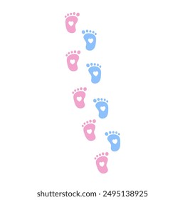 Newborn baby boy and girl footprints mark with heart shape. Pink and blue child footstep walking trail silhouette. Flat decorative vector design isolated illustration. 