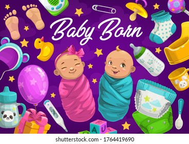 Newborn baby boy and girl vector card of baby shower. New born kids with child care accessories, bottles, diapers, rattle and pacifier, spoon, pin, gift box, socks and hat, blocks, monitor and potty