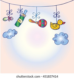 Newborn baby boy hanging baby symbols arrival with sketchy style.