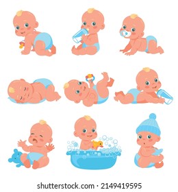 Newborn baby boy. Little child in diaper. Different emotions and everyday actions. Infant eating or bathing. Kid sleeping and playing with toys. Infancy age. Vector funny