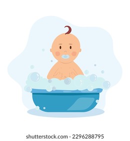 Newborn baby boy with pacifier in bath with soap bubbles. Vector isolated illustration for cute baby designs