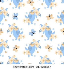 Newborn baby boy seamless pattern with flowers and butterflies on a white background. Design for baby textiles packaging or wallpapers in vector.
